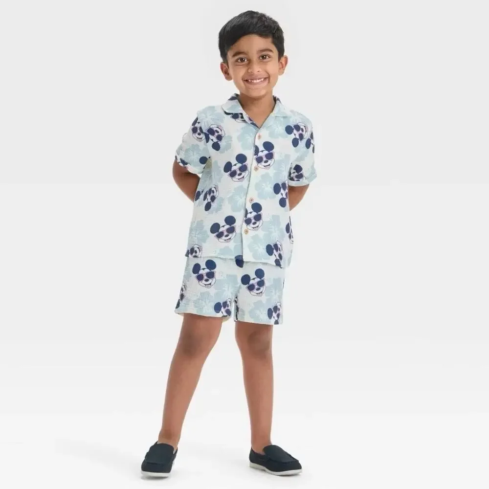 Disney Toddler Boys' 2pc Mickey Mouse Woven Gauze Button-Up‎ Top & Shorts Set